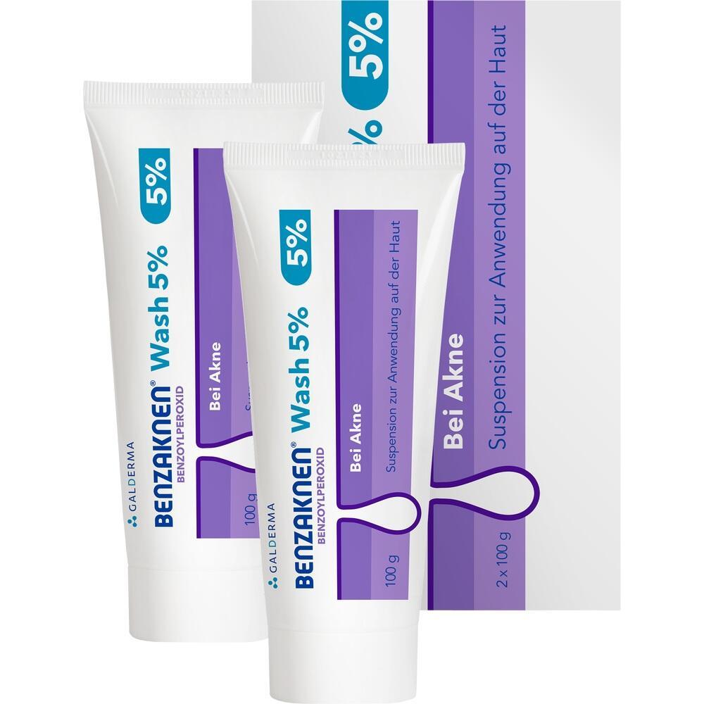 Zwei Tuben Benzaknen Waschgel für Akne auf weißem Hintergrund.