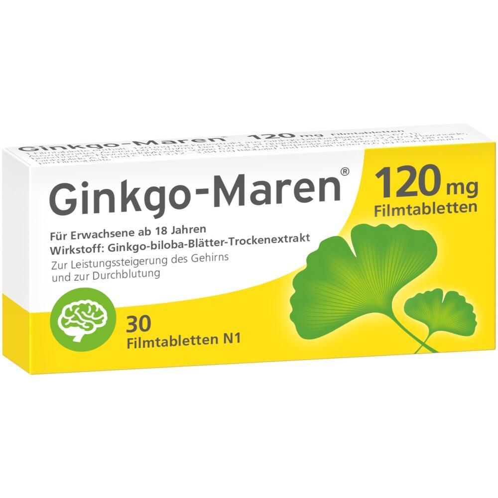 Packung Ginkgo-Maren Tabletten mit 120 mg zur Förderung der Gehirnleistung.
