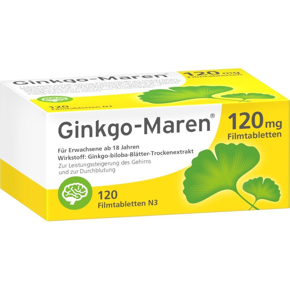 Gelbe Packung Ginkgo-Maren-Tabletten mit 120 mg zur Verbesserung von Gehirn und Durchblutung.