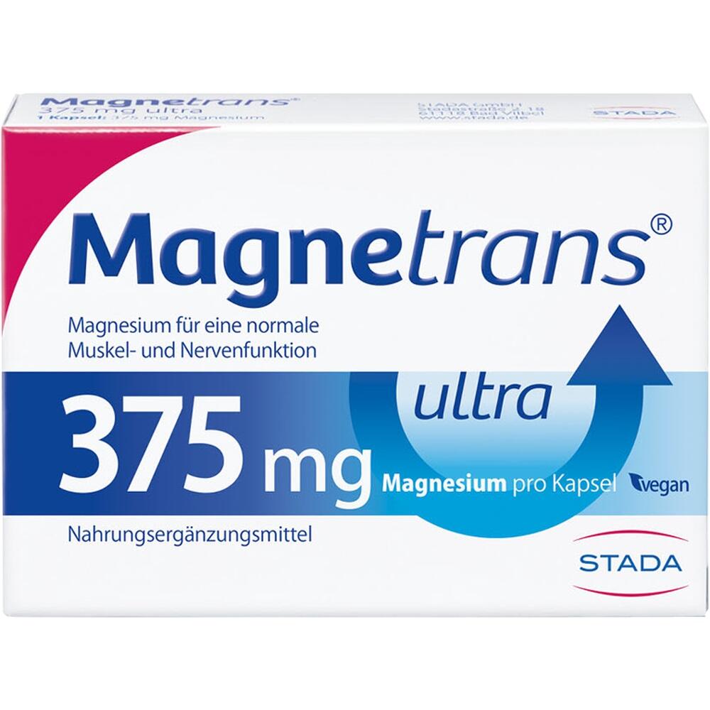 Schachtel einer Magnesium-Kapsel mit 375 mg zur Unterstützung von Muskeln und Nerven.