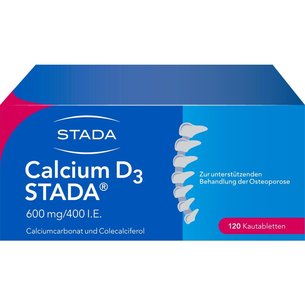 Eine Packung mit 120 Calcium D3 STADA Kautabletten zur Unterstützung bei Osteoporose.