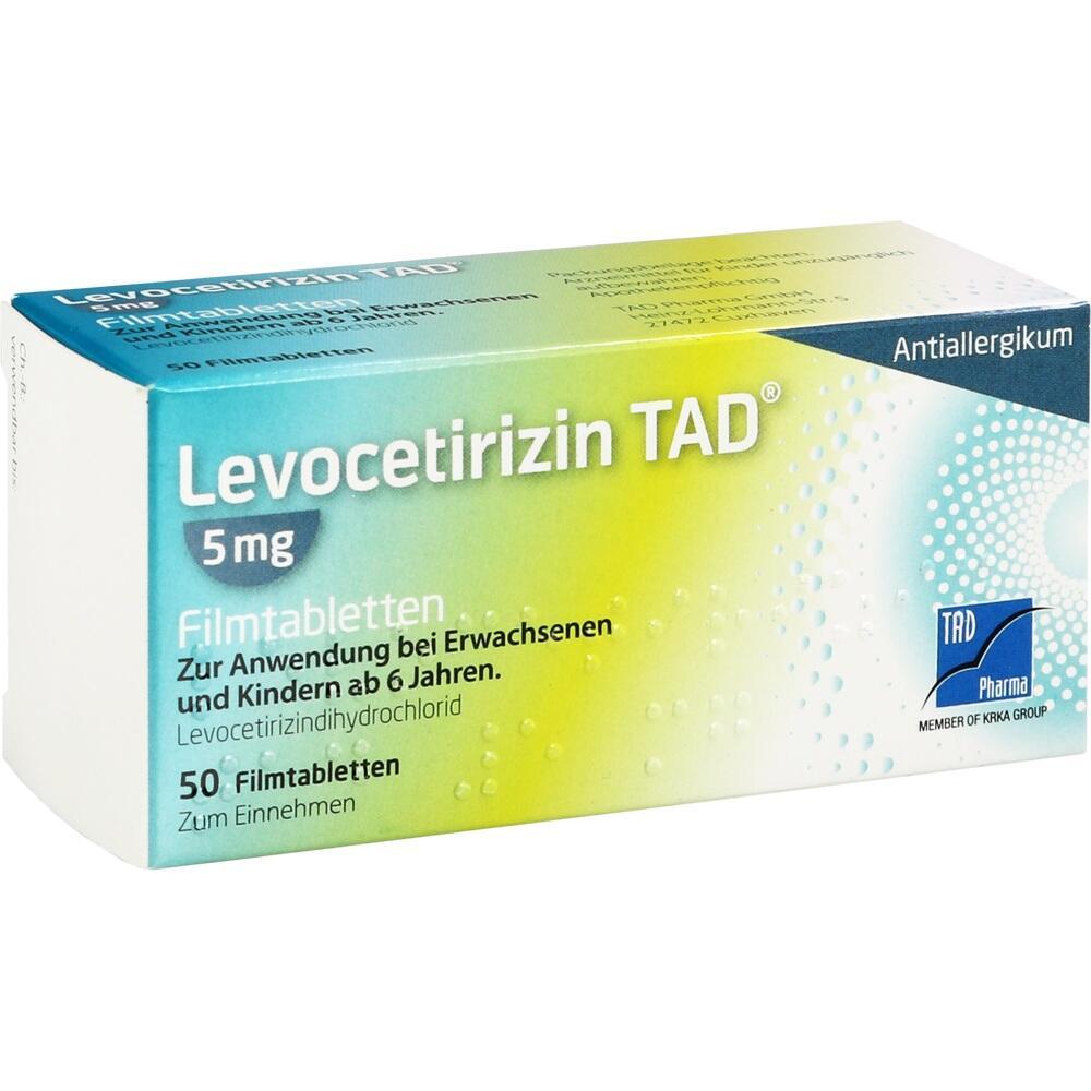 Verpackung von Levocetirizin TAD 5 mg Tabletten gegen Allergien.