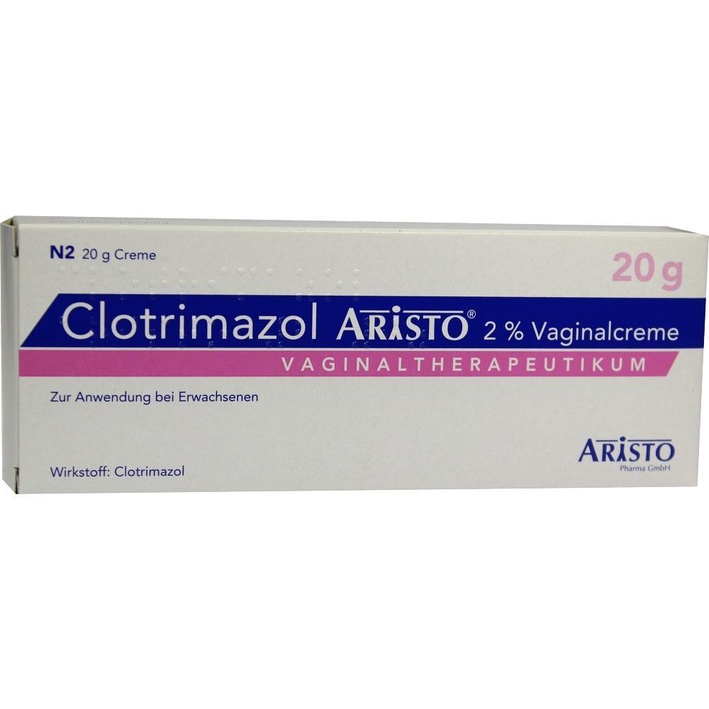 Packung einer Vaginalcreme namens Clotrimazol Aristo mit 20g Inhalt.