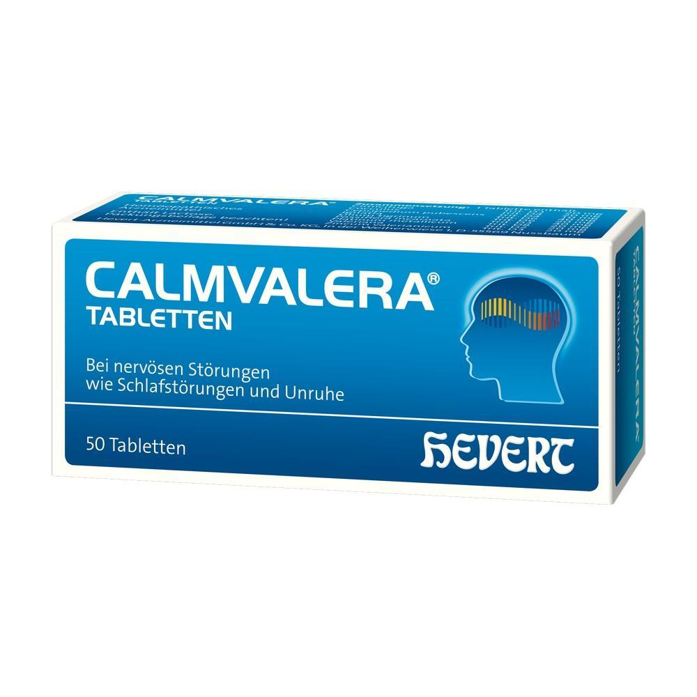 Blaue Tablettenschachtel mit der Aufschrift "Calmvalera" gegen Schlafstörungen und Unruhe.