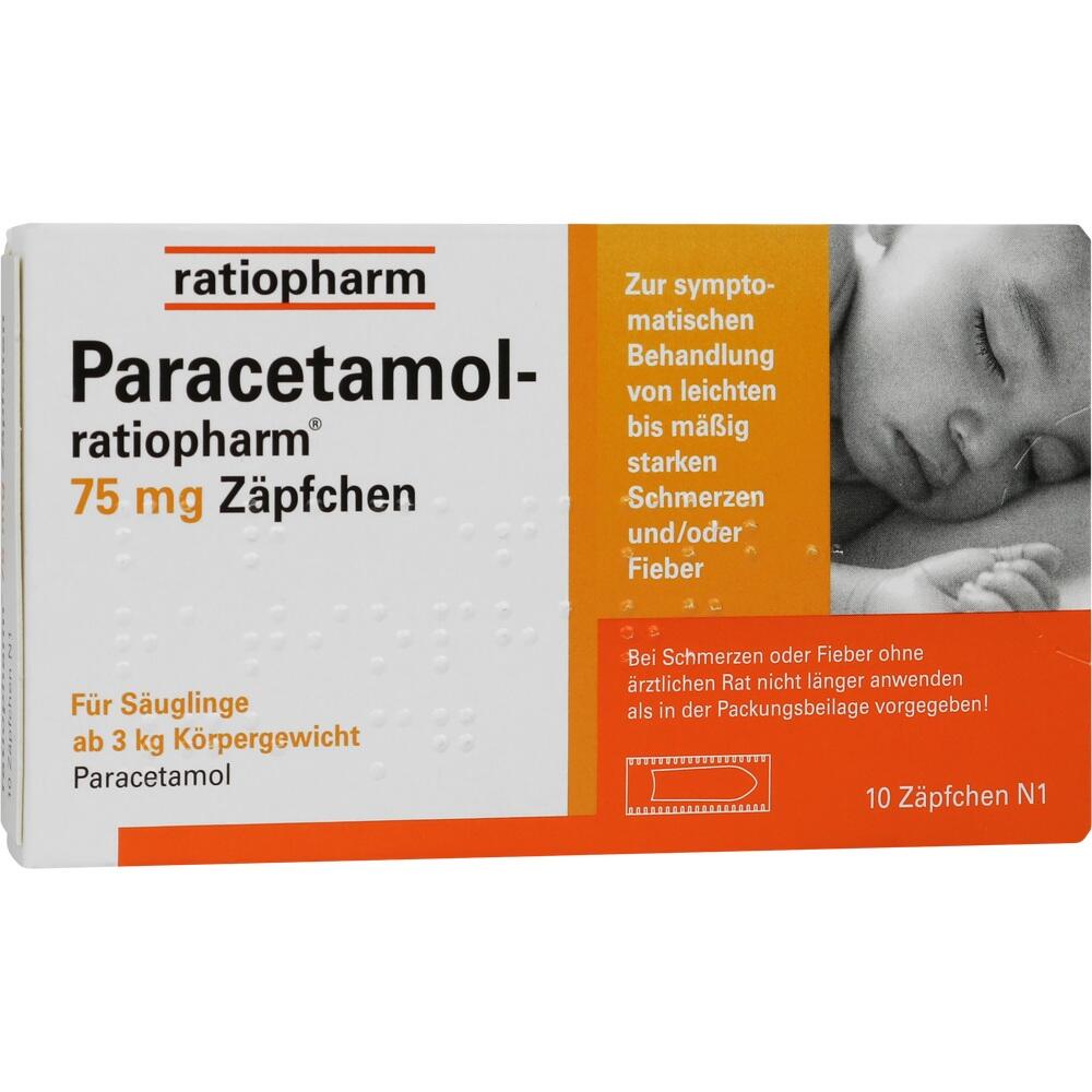 Packung Paracetamol-Zäpfchen für Säuglinge ab 3 kg zur Behandlung von Schmerzen und Fieber.