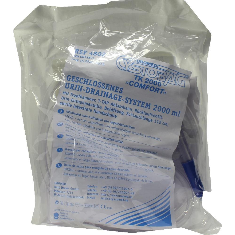 Verpackter Urinbeutel mit 2000 ml Fassungsvermögen und Zubehör.