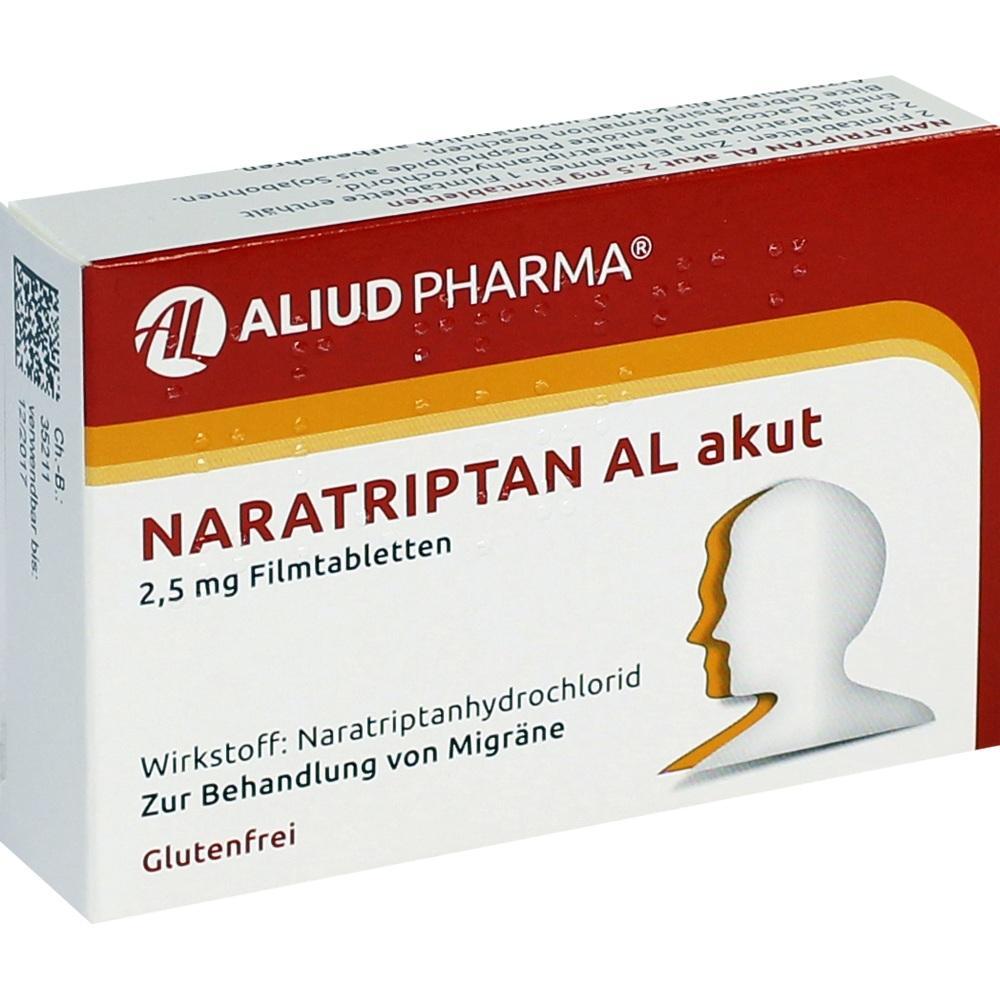 Eine Packung Naratriptan Tabletten zur Behandlung von Migr&auml;ne.
