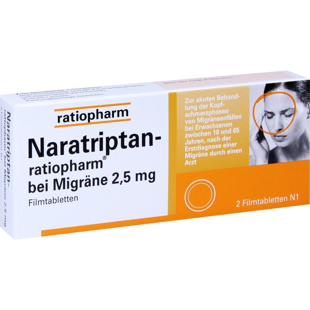 Verpackung von Naratriptan 2,5 mg Tabletten zur Behandlung von Migräne.