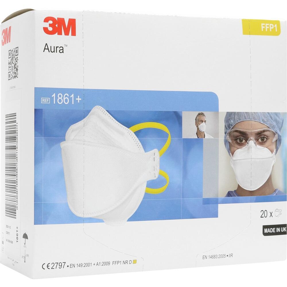 Eine 3M-Verpackung für FFP1-Masken mit Bildern von Masken und einer Person.