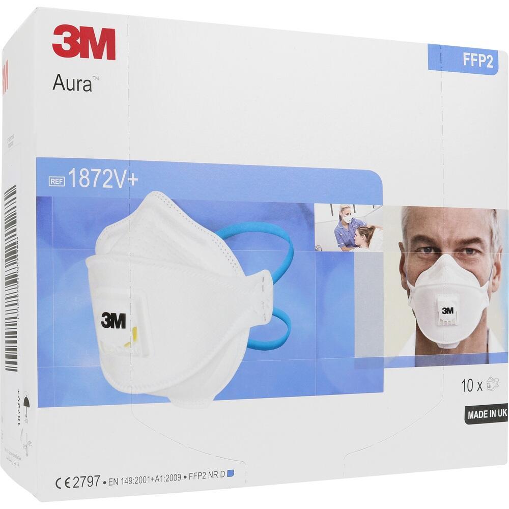 Eine Packung mit weißen FFP2-Masken der Marke 3M.