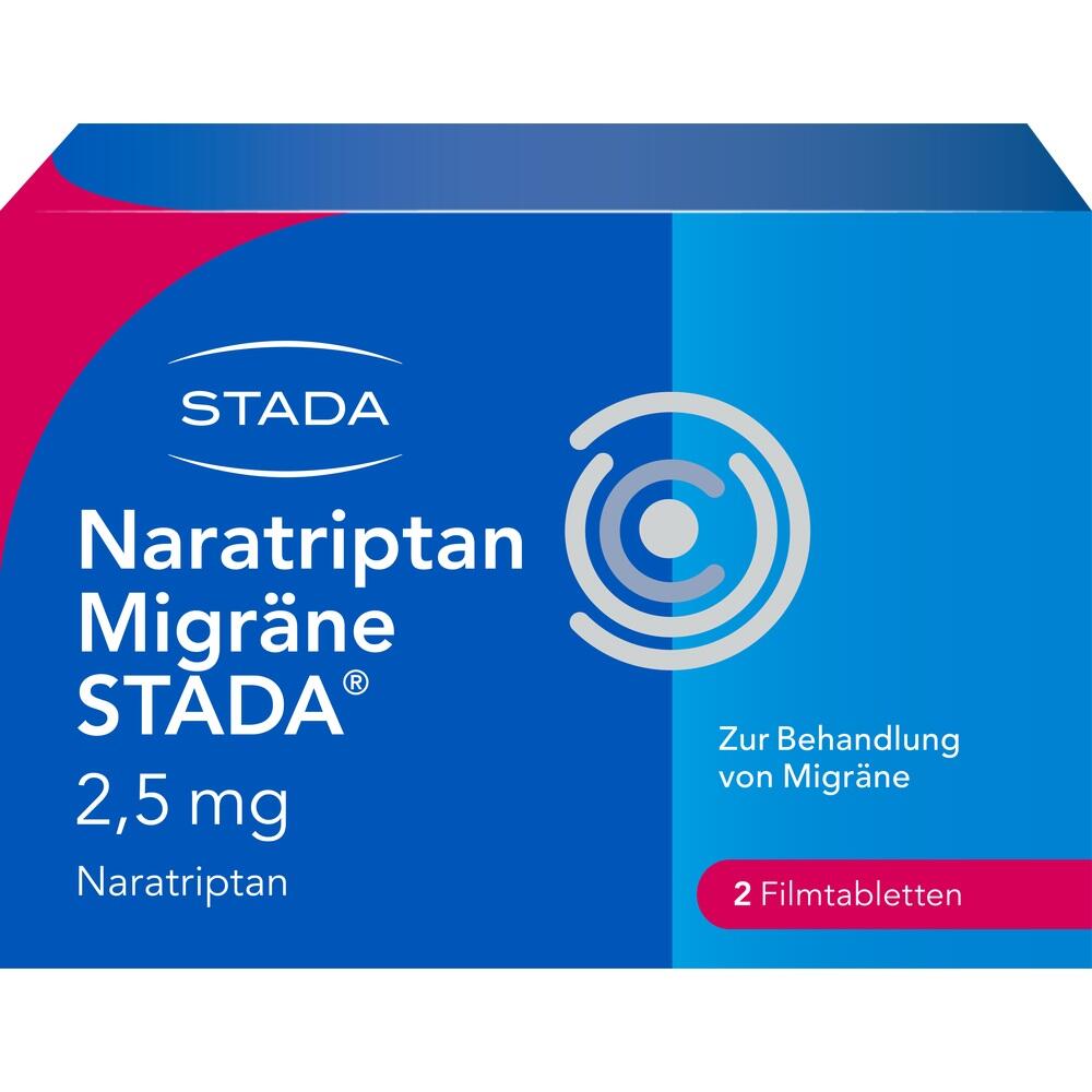 Blaue Medikamentenschachtel mit der Aufschrift "Naratriptan Migräne STADA".