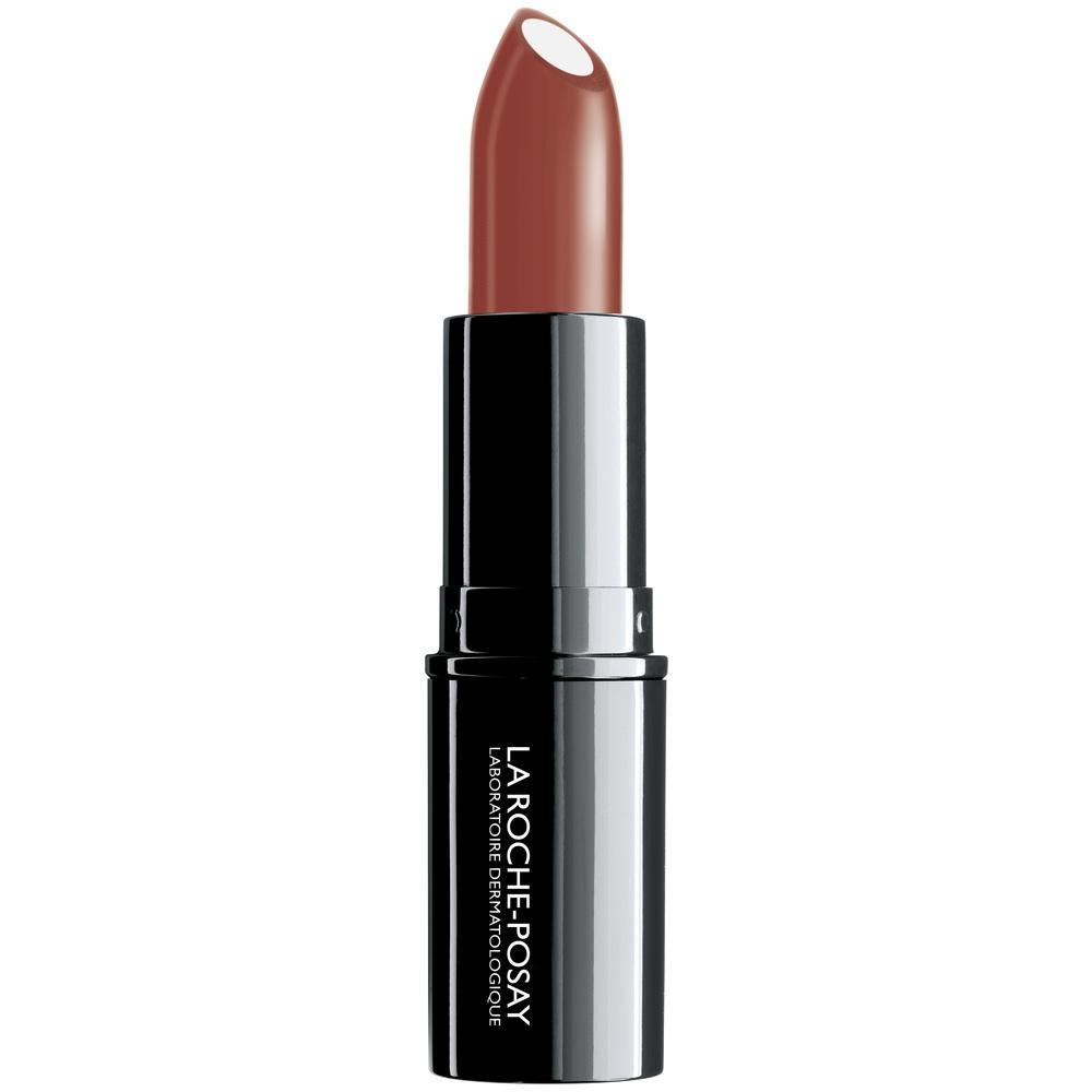 Ein offener Lippenstift mit brauner Farbe und schwarzer H&uuml;lse.
