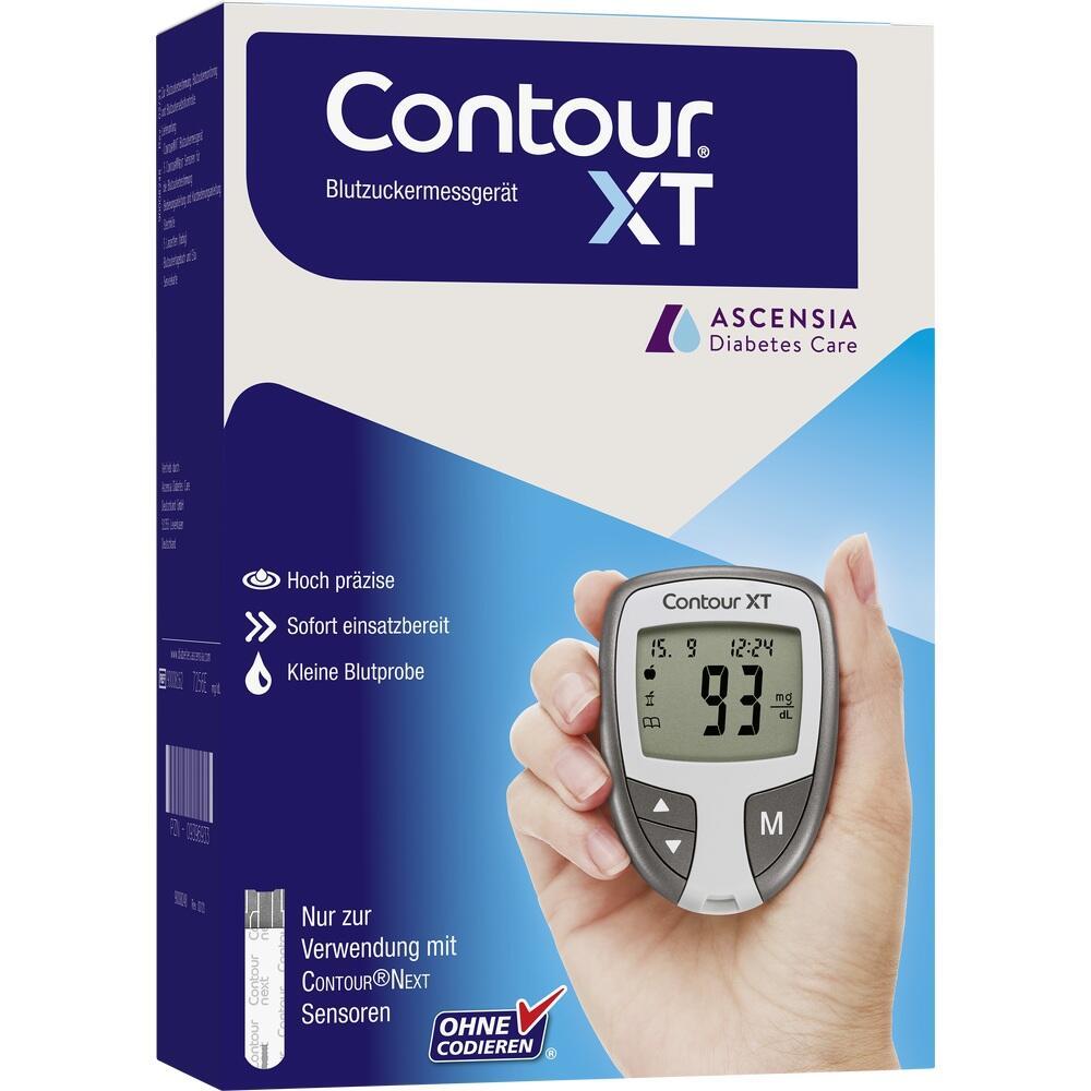 Eine Hand h&auml;lt ein Contour XT Blutzuckermessger&auml;t mit dem Wert 93 mg/dL.