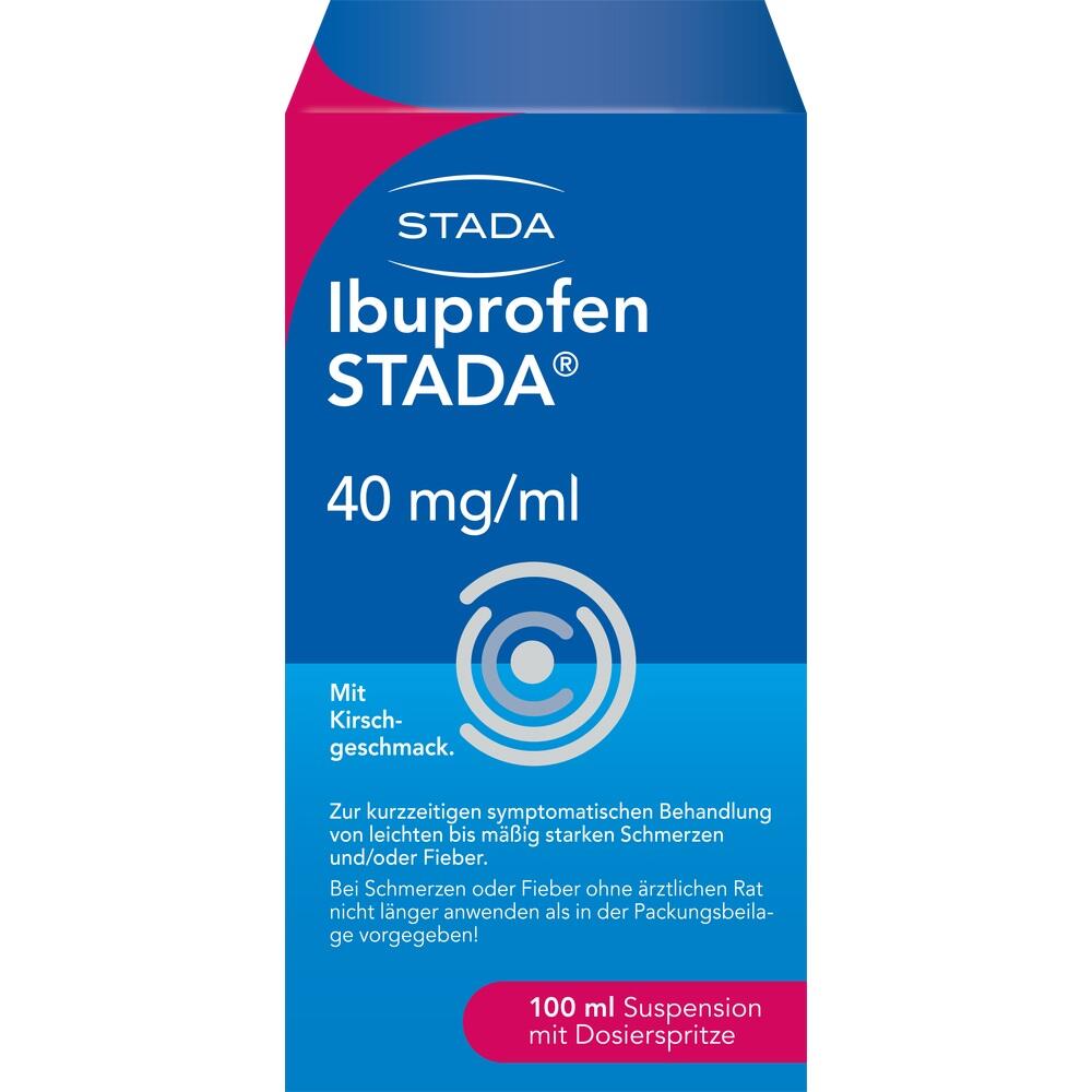 Eine Ibuprofen-Stada-Verpackung mit Kirschgeschmack, 40 mg/ml, 100 ml Suspension.