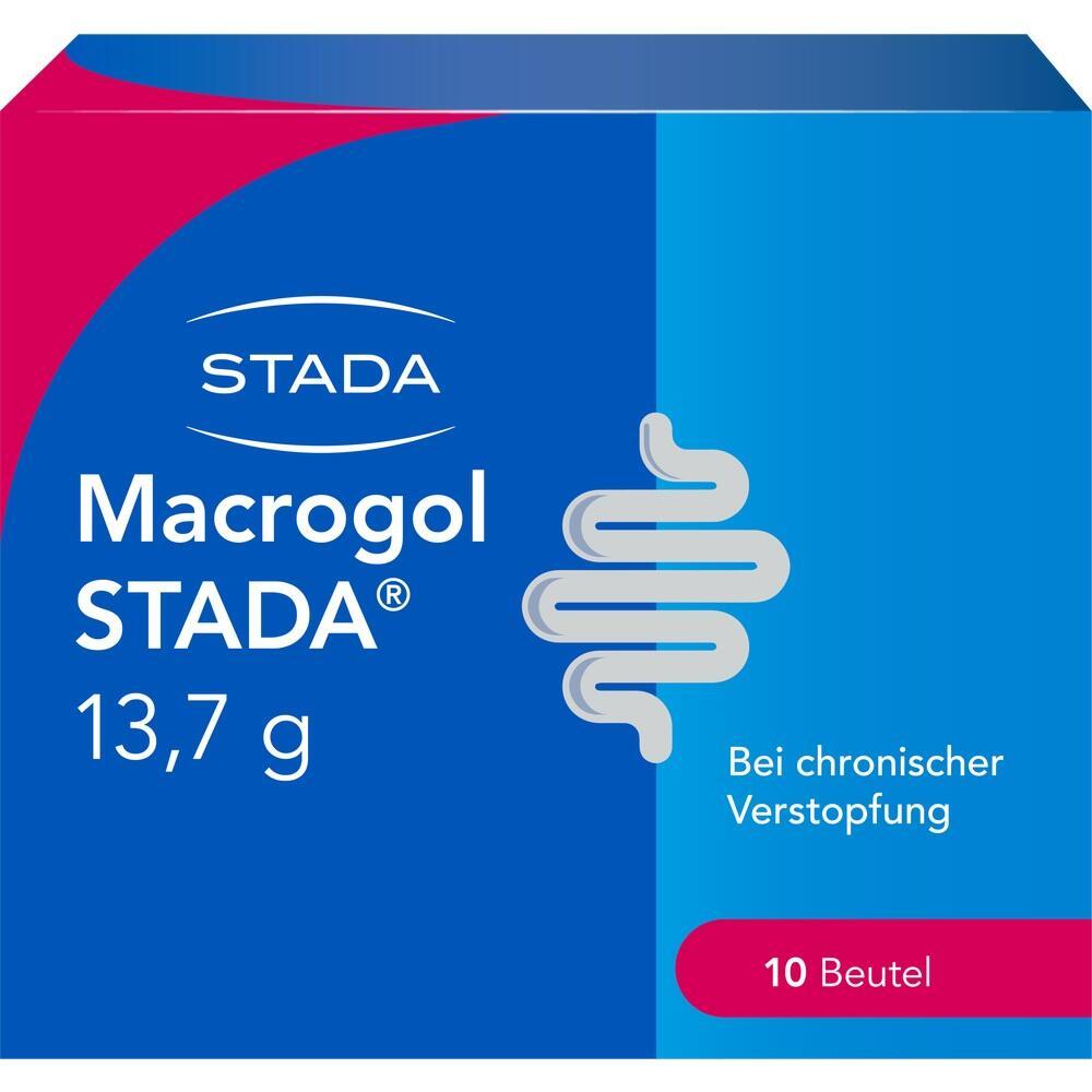 Eine Packung mit Abführmittel für chronische Verstopfung namens Macrogol STADA.