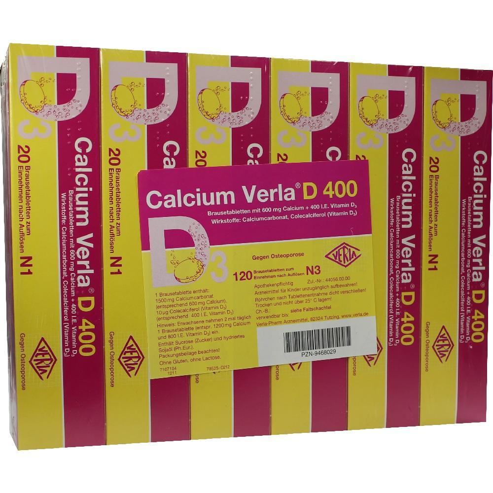 Verpackung von Calcium Verla D3 400, ein Nahrungsergänzungsmittel mit Vitamin D und Calcium.