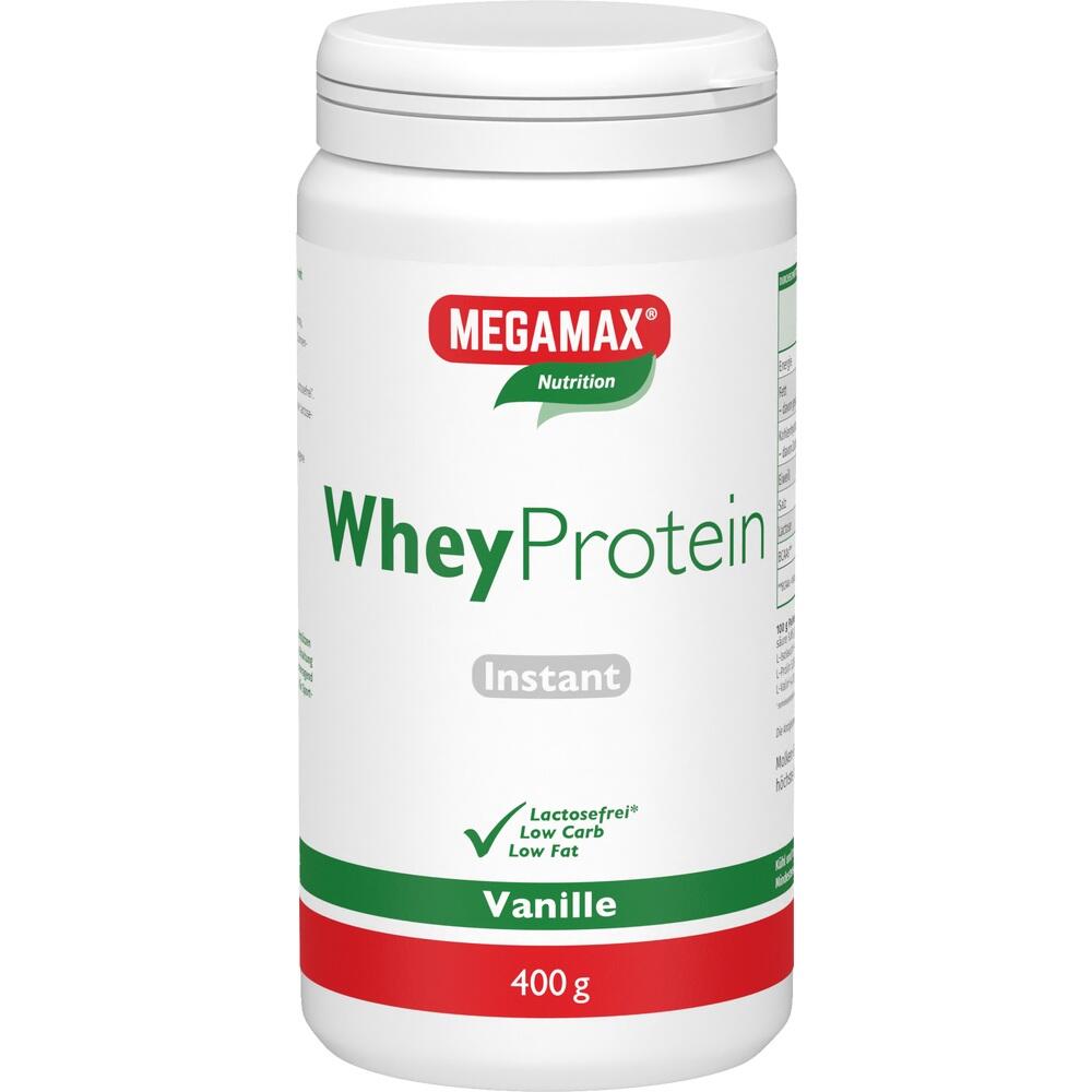 Ein weißer Behälter mit Whey-Protein-Pulver in Vanille-Geschmack.