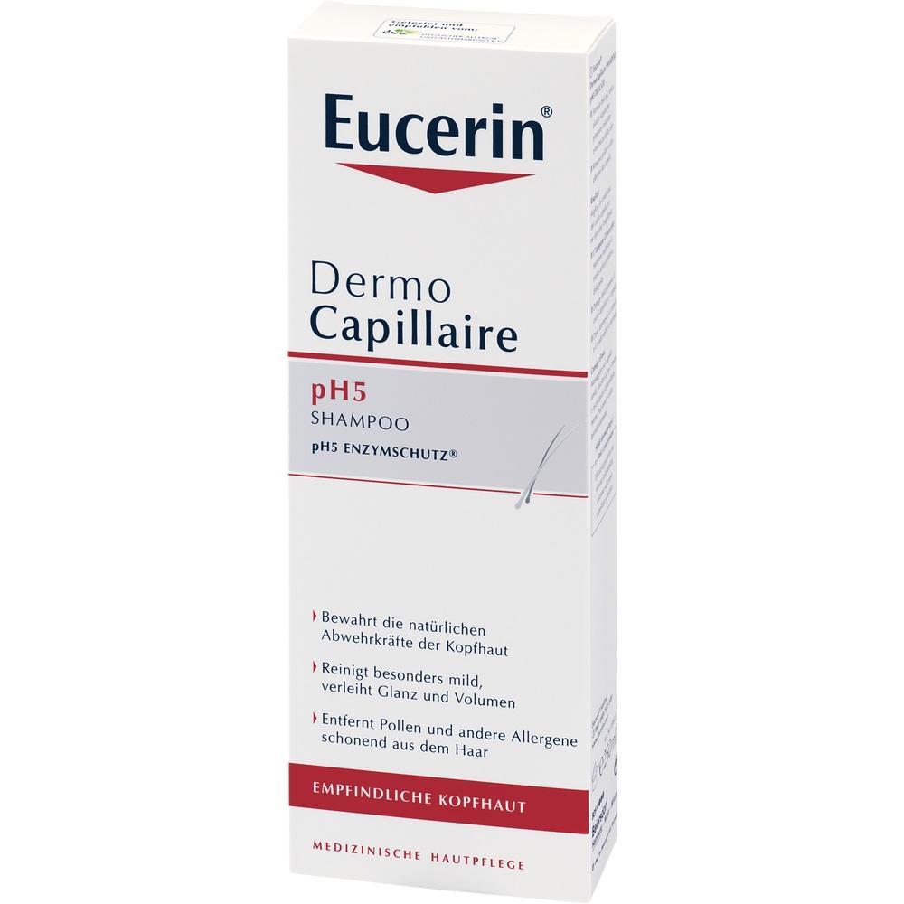 Weiße Packung von Eucerin DermoCapillaire pH5 Shampoo für empfindliche Kopfhaut.