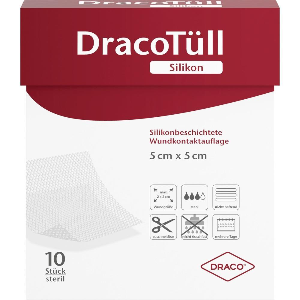 Eine Packung mit 10 sterilen silikonbeschichteten Wundauflagen, 5 cm x 5 cm gro&szlig;.