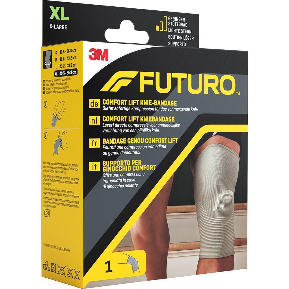 Eine Verpackung für eine Kniebandage der Marke Futuro in Größe XL.