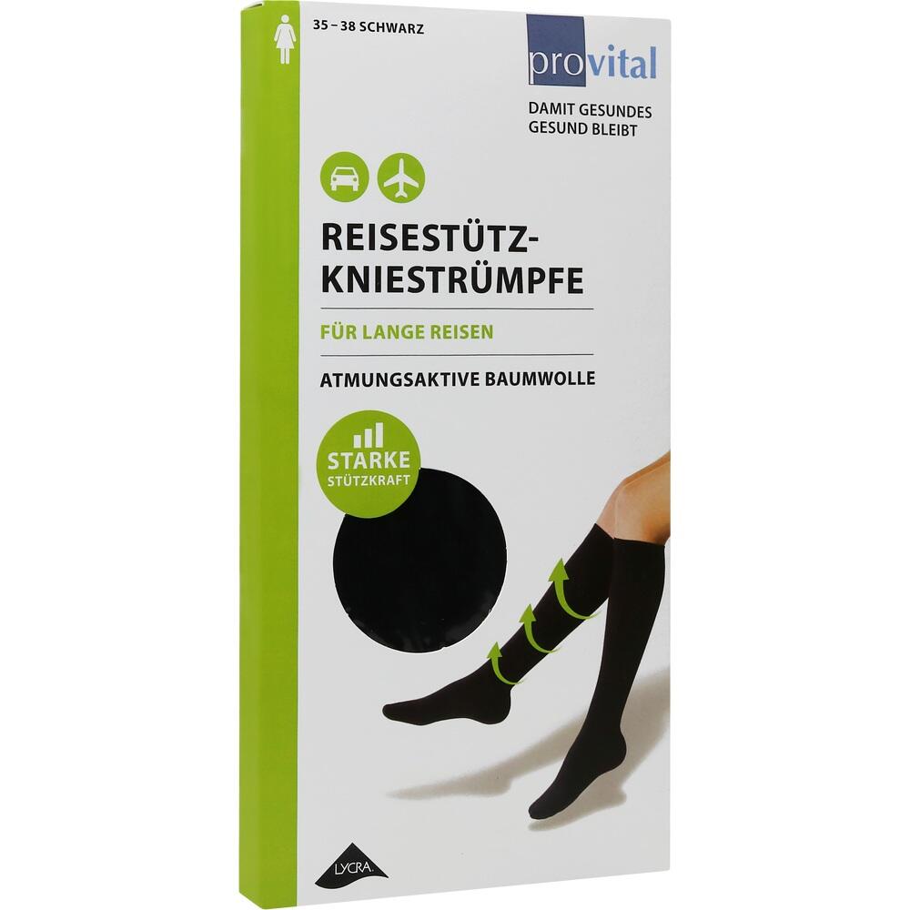 Verpackung für schwarze Reisestütz-Kniestrümpfe aus atmungsaktiver Baumwolle.