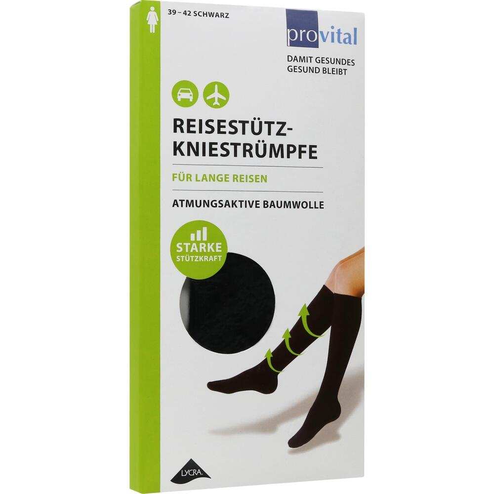 Verpackung für schwarze Reisestütz-Kniestrümpfe aus atmungsaktiver Baumwolle.