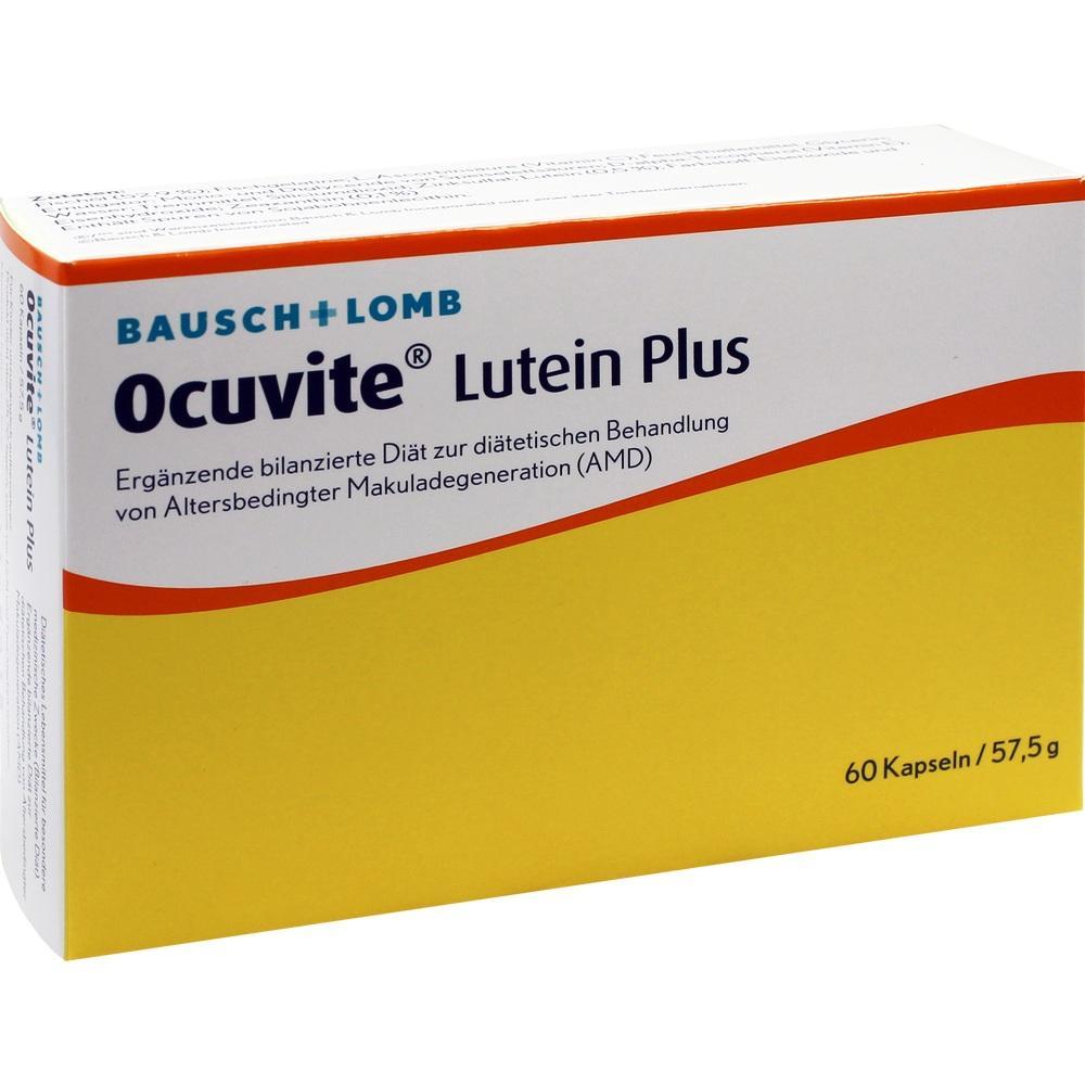 Gelbe Verpackung von Ocuvite Lutein Plus mit 60 Kapseln für die Augengesundheit.