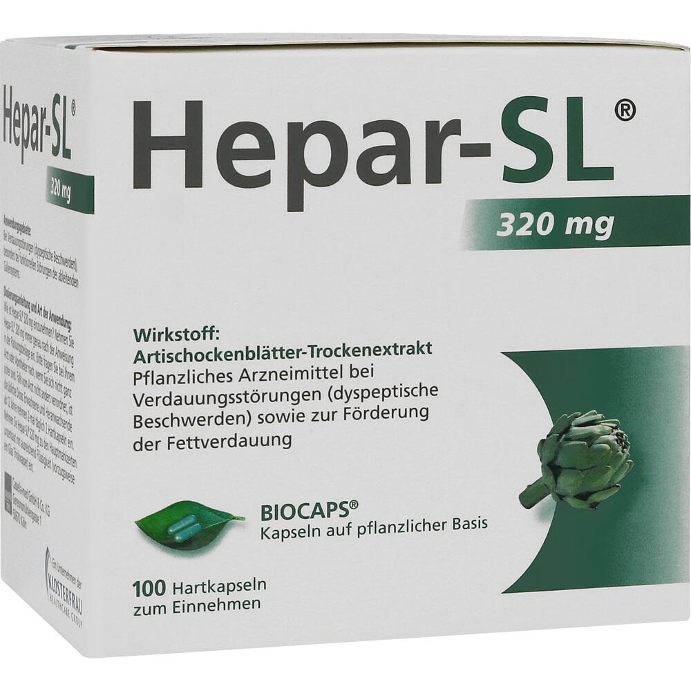 Verpackung von Hepar-SL, ein pflanzliches Mittel für die Verdauung mit Artischockenextrakt.