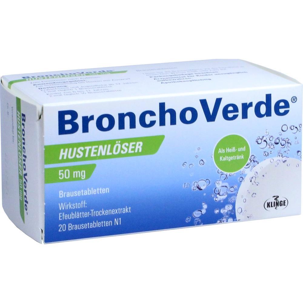 Eine Packung Brausetabletten zur Linderung von Husten, genannt BronchoVerde.