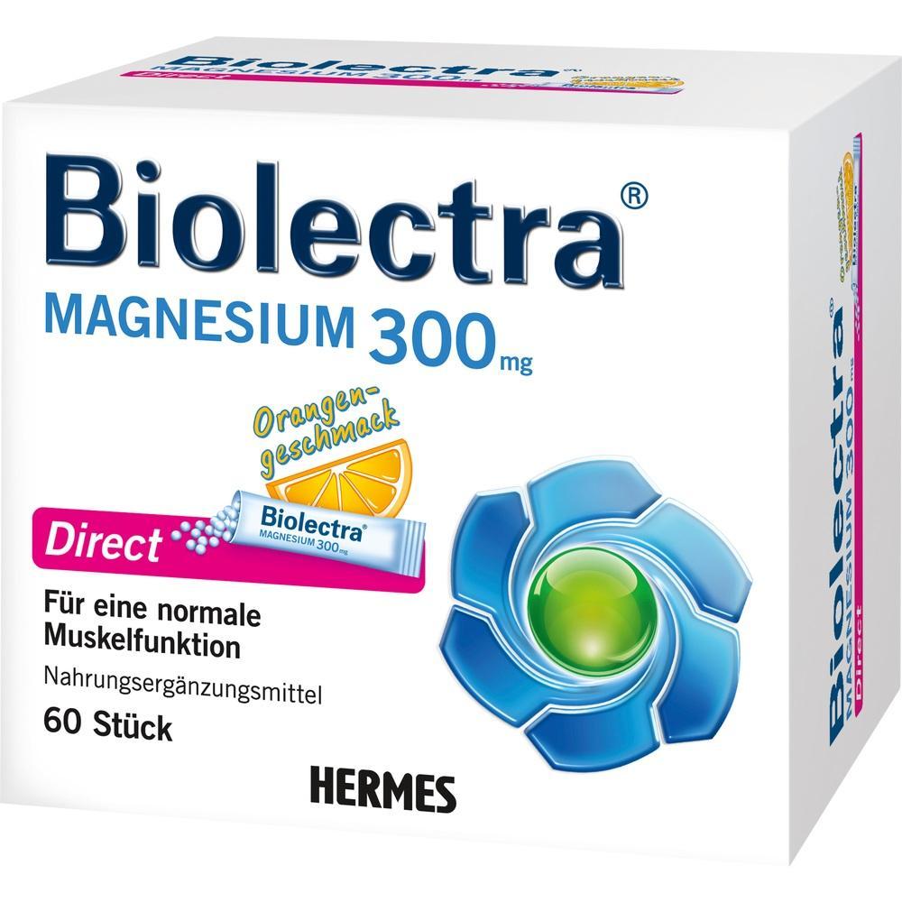 Packung Biolectra Magnesium 300 mg mit Orangengeschmack für die Muskelfunktion.