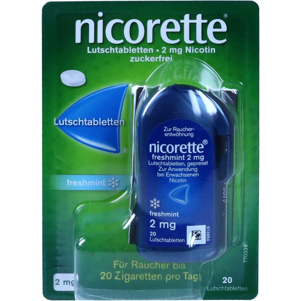Grüne Packung Nicorette Lutschtabletten zur Raucherentwöhnung, Geschmack Freshmint.