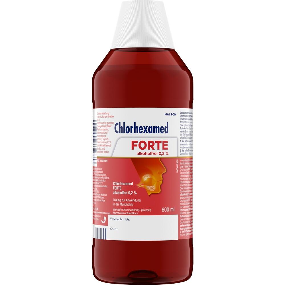 Rote Flasche mit Mundsp&uuml;lung, auf der "Chlorhexamed Forte alkoholfrei" steht.