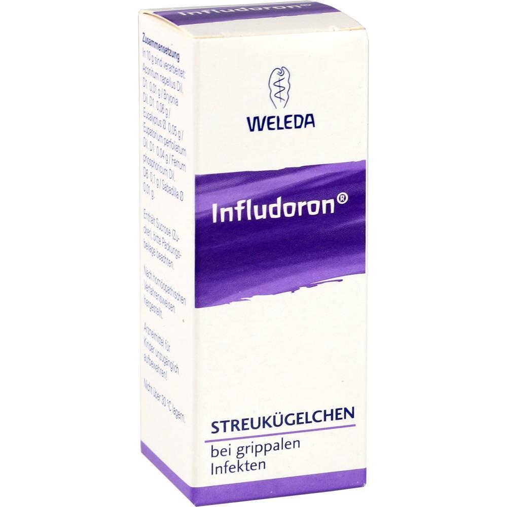 Weiße Verpackung mit lila Aufschrift "Infludoron" und "Streukügelchen bei grippalen Infekten".