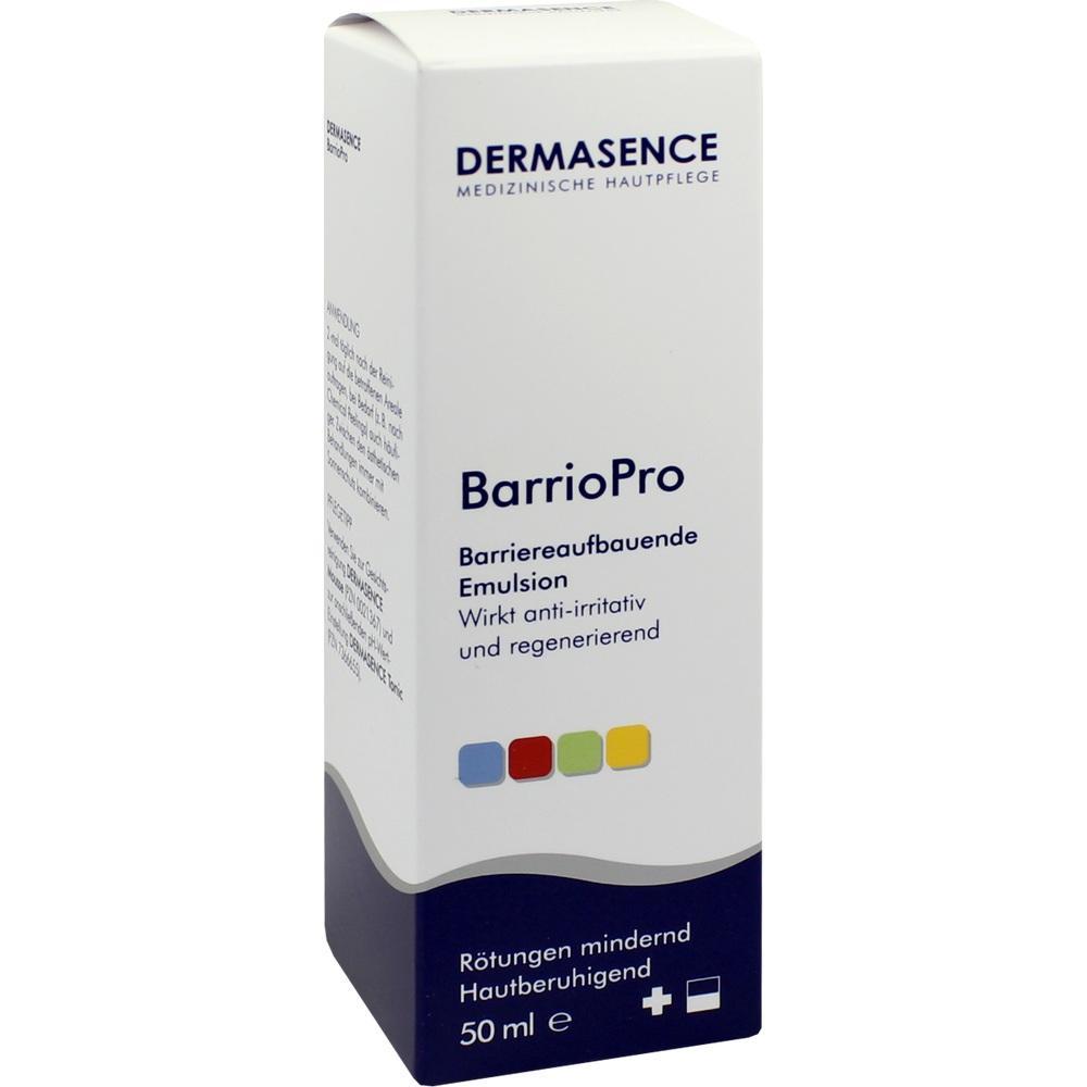 Wei&szlig;e Box mit der Aufschrift "Dermasence BarrioPro Emulsion" zur Hautpflege.