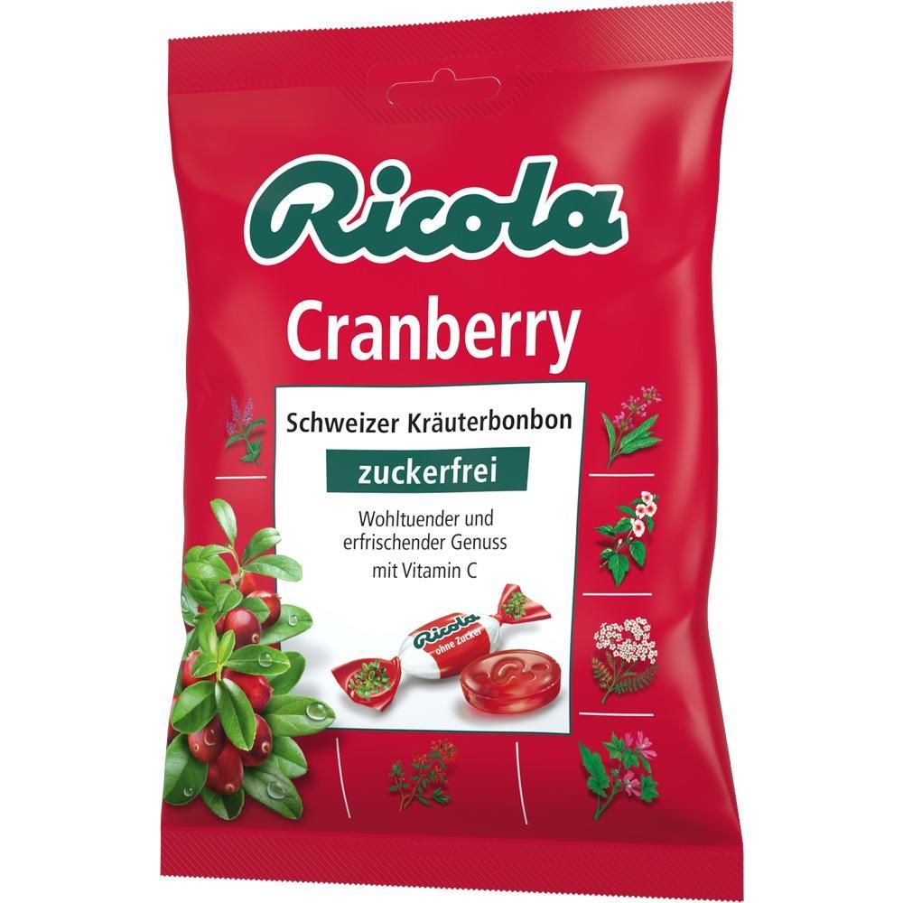 Rote Packung Ricola Cranberry-Bonbons, zuckerfrei mit Vitamin C.