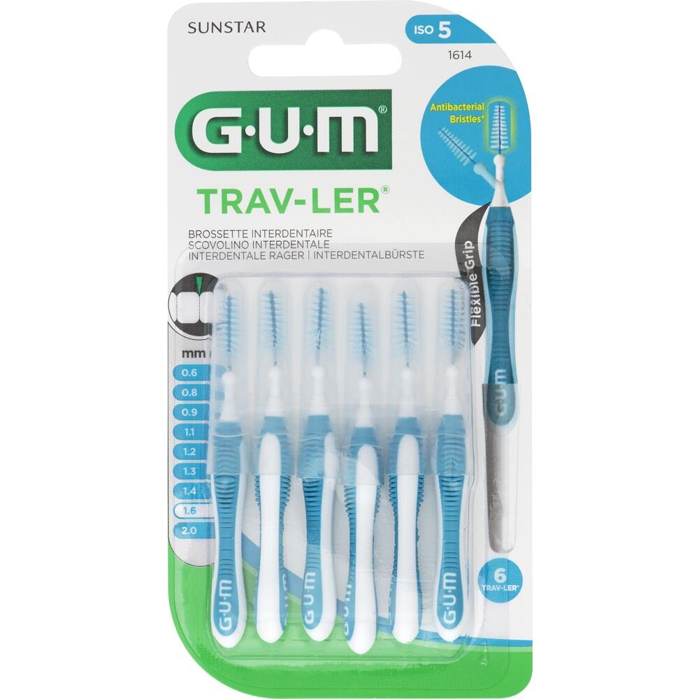 Verpackung mit sechs blauen Interdentalb&uuml;rsten f&uuml;r Zahnzwischenr&auml;ume.