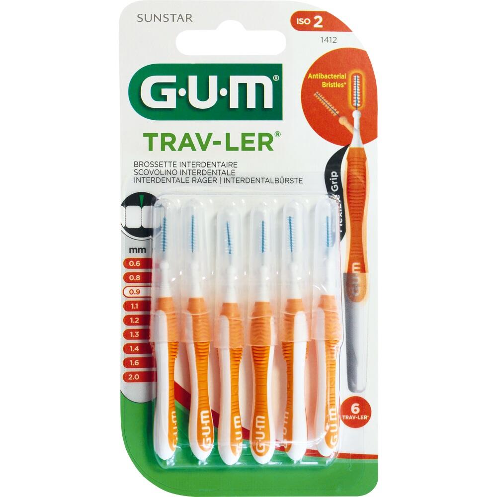 Sechs orange-wei&szlig;e Interdentalb&uuml;rsten in einer Verpackung.
