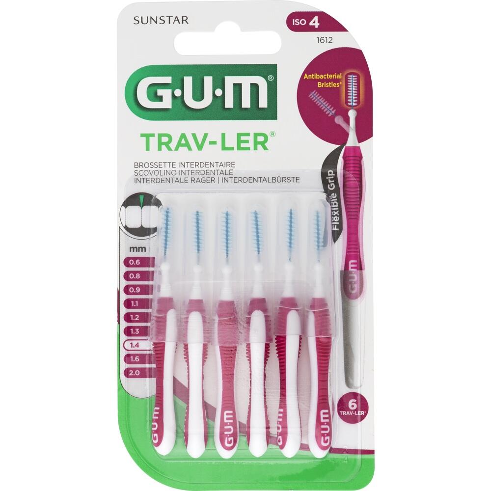 Verpackung mit sechs kleinen Interdentalb&uuml;rsten in zwei Farben.