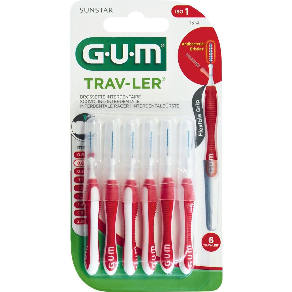 Verpackung mit sechs roten Interdentalb&uuml;rsten der Marke GUM.