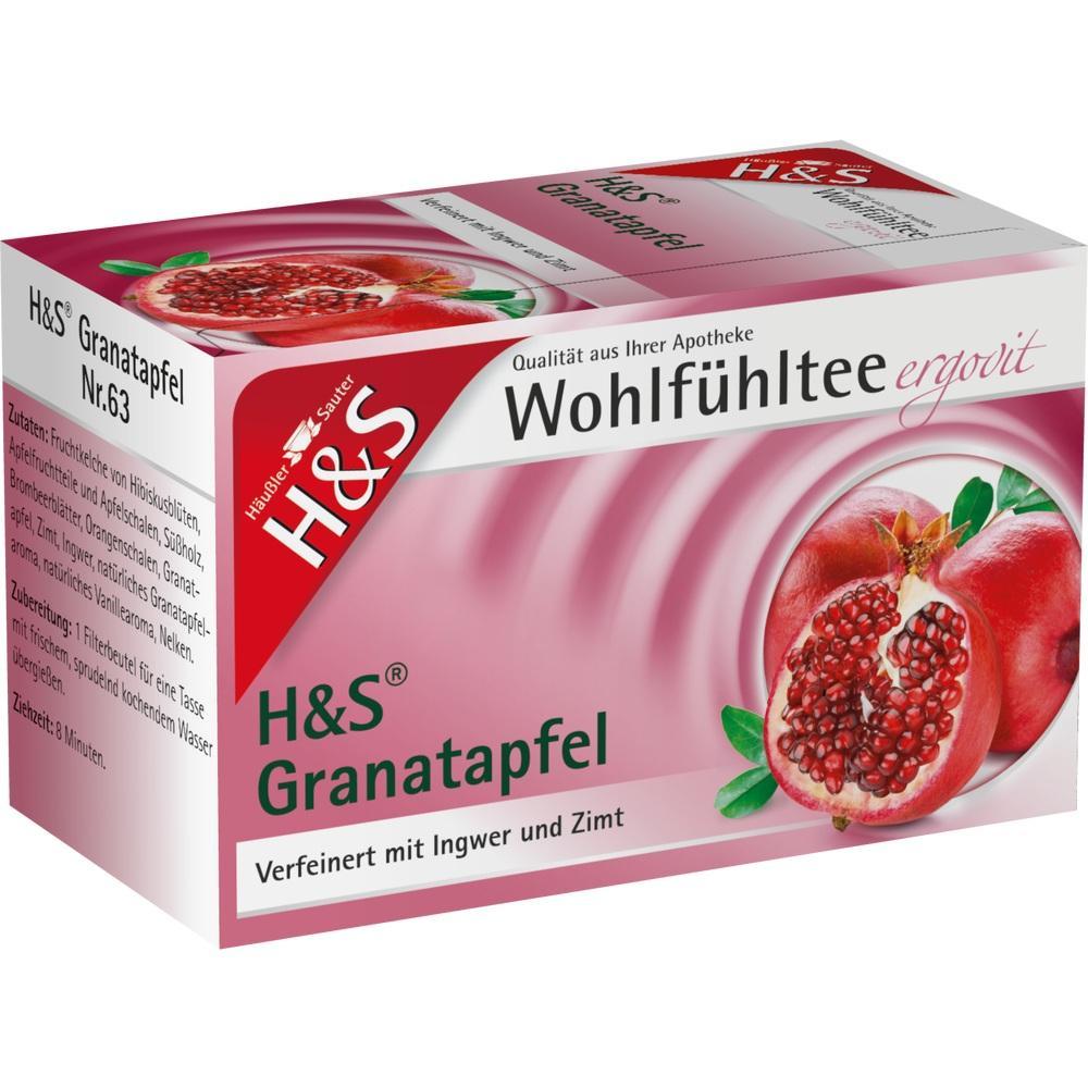 Eine Packung H&S Granatapfeltee mit Ingwer und Zimt steht auf einem Tisch.