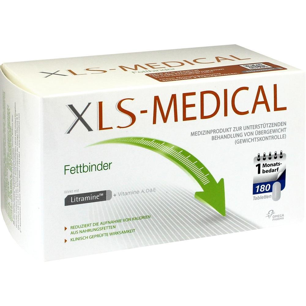 Weiße Verpackung von XLS-Medical Fettbinder gegen Übergewicht mit grünem Pfeil.