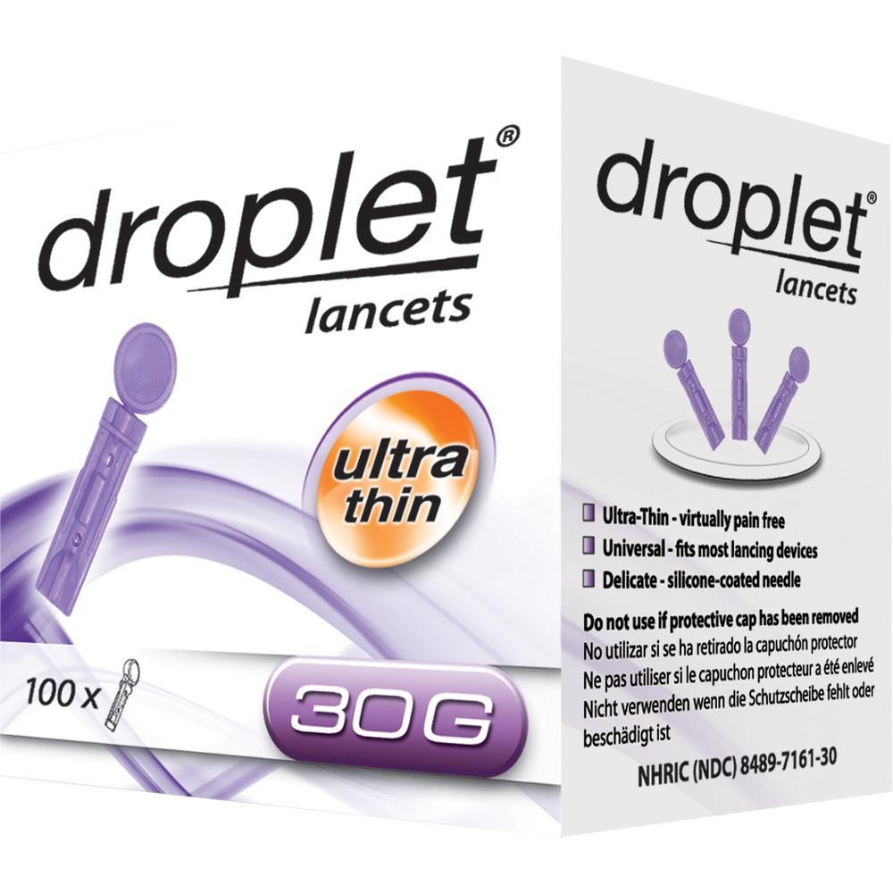 Eine Packung mit lila Lanzetten, mit der Aufschrift "ultra thin" und "30G".