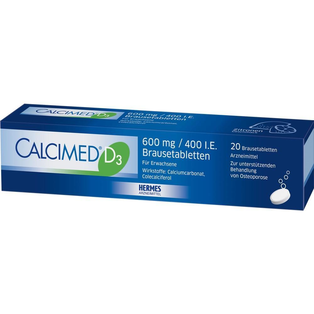 Eine blaue Packung mit Calcium und Vitamin D3 Brausetabletten für Erwachsene.
