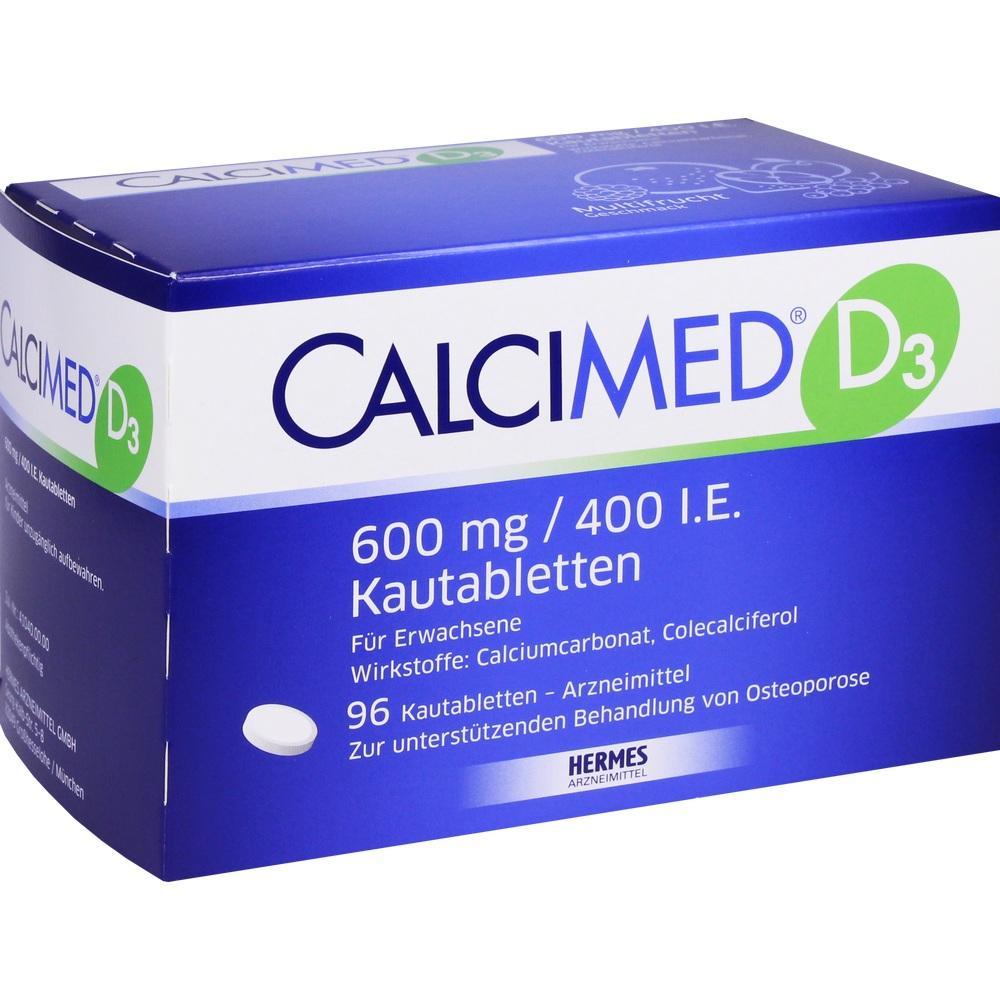 Eine blaue Packung von CalciMed D3 Kautabletten für Erwachsene.