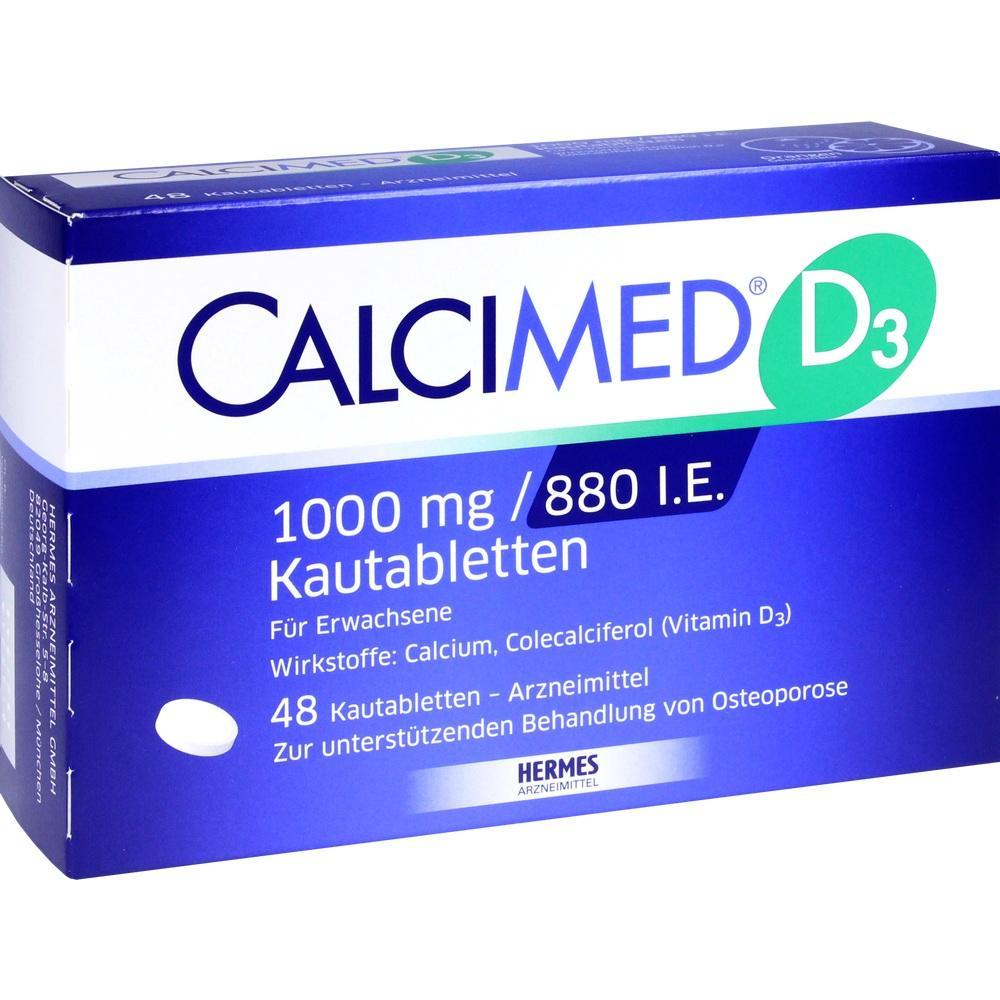 Eine blaue Packung mit CalciMed D3, 48 Kautabletten für Erwachsene.