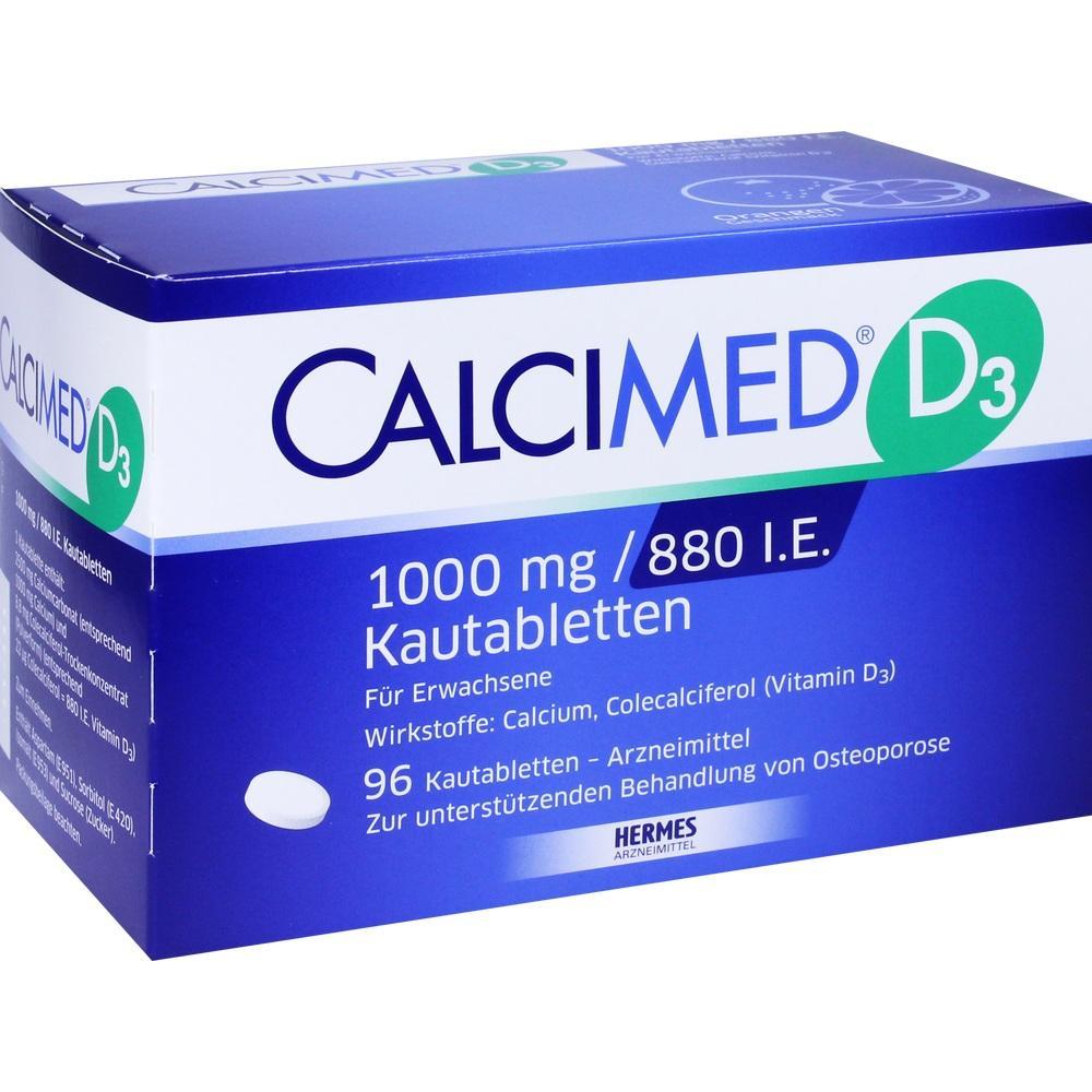 Blaue Packung von CalciMed D3 Kautabletten für Erwachsene mit Calcium und Vitamin D3.