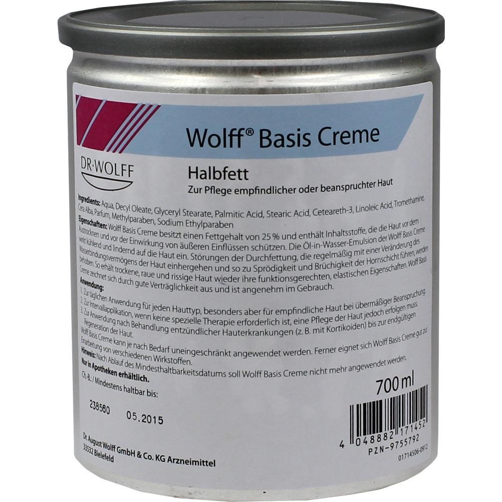 Dose mit Wolff Basis Creme zur Pflege empfindlicher Haut, 700 ml.