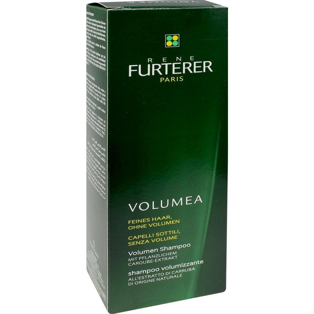 Eine gr&uuml;ne Shampoo-Verpackung mit der Aufschrift "Volumea" f&uuml;r feines Haar.
