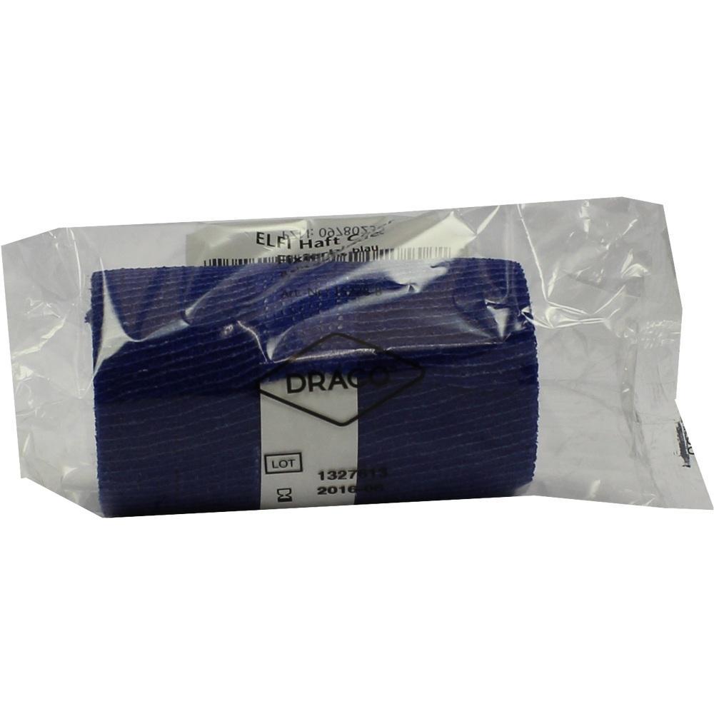 Eine blaue elastische Binde in einer durchsichtigen Verpackung.