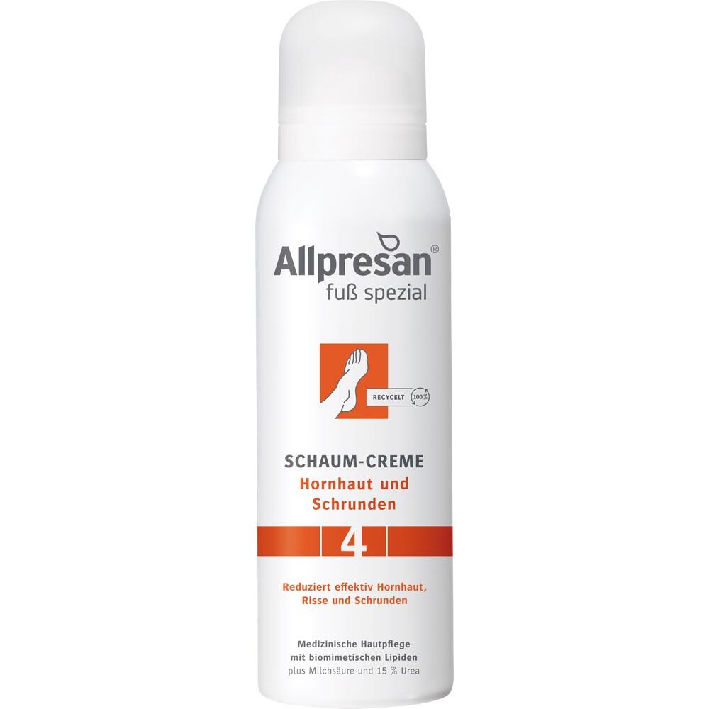 Wei&szlig;e Flasche Allpresan Schaumspray f&uuml;r Hornhaut und Schrunden an den F&uuml;&szlig;en.